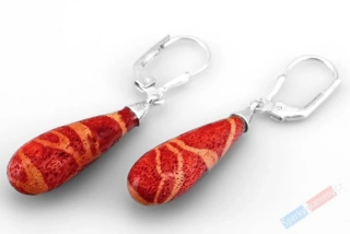 Náušnice z houbového korálu QA, štíhlé oblé kapky cca 23 mm, stříbro Ag 925/1000, "Kiribari - ostrov snů" (K3632U)