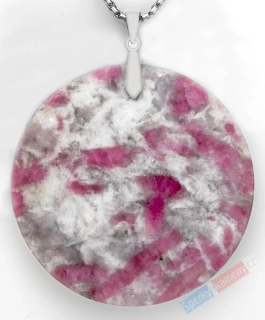 Velký originální přívěsek z rubelitu v pegmatitu, stříbro Ag 925/1000, prům. cca 53 mm (RB7867P)