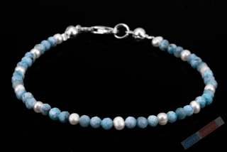 Minimalistický náramek z broušeného larimaru a sladkovodních bílých perel, kuličky larimaru a perly o prům. cca 3,5 mm, stříbro Ag 925/1000, RARITA (LR5324NS)