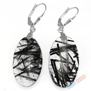 Náušnice z křišťálu prorostlého turmalínem skorylem QA, ovály cca 28 x 15 mm, stříbro Ag 925/1000, "ochrana proti negativní energii" (TU7381U)