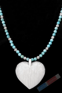Náhrdelník v boho stylu z larimaru a sladkovodních perel s přívěskem ze skolecitu QAA, stříbro Ag 925/1000, "srdce anděla", RARITA (LR1576S) 