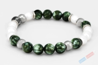 Náramek ze serafinitu QAA a bílých sladkovodních perel, kuličky serafinitu cca 8 mm, perly cca 9 mm, RARITA (SF5453NS)