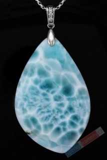 Velký přívěsek z larimaru QA, stříbro Ag 925/1000, kapka cca 55 x 35 mm, krásná kresba, "andělský posel s Atlantidy", RARITA (LR2724P)