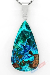 Větší stříbrný přívěsek (Ag 925/1000) s quantum quattro s výrazným dioptasem QAA, kapka cca 48 x 27 mm, "mangrovy jezera Tanganika", RARITA (QQ1824P)