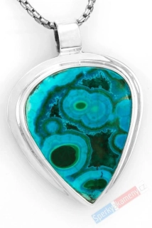 Unisex stříbrný přívěsek (Ag 925/1000) s malachitem v chryzokolu QAA, obrácená kapka cca 37 x 33 mm, "jezera na řece Kongo" (CHLM1314P)