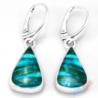 Stříbrné náušnice (Ag 925/1000) s chryzokolem v malachitu QAA, kapky cca 20 x 14 mm (CHLM8058U)
