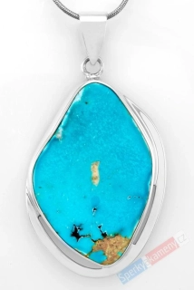 Větší stříbrný přívěsek (Ag 925/1000) s íránským tyrkysem prorostlým chalkopyritem QAA, cca 46 x 32 mm, nádherná barva, RARITA (TYS1937P)