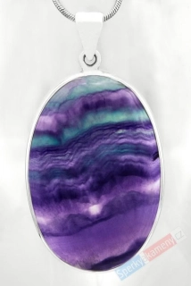 Větší stříbrný přívěsek (Ag 925/1000) s fluoritem QAA, ovál cca 42 x 28 mm, "duha z ráje II" (FL2118P)