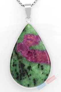 Velký stříbrný přívěsek (Ag 925/1000) s rubínem v zoisitu QAA, kapka cca 50 x 32 mm, nádherné probarvení, "růže v trávě" (RF1818P)