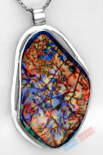 Velký stříbrný přívěsek (Ag 925/1000) s drahým opálem vytvořeným v amerických laboratořích QA, cca 57 x 40 mm, nádherná hra barev (ODA2807P)
