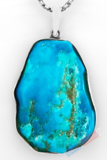 Větší stříbrný přívěsek (Ag 925/1000) s arizonským tyrkysem QA, přírodně tvarovaný plátek cca 41 x 29 mm, RARITA (TYS2121P)