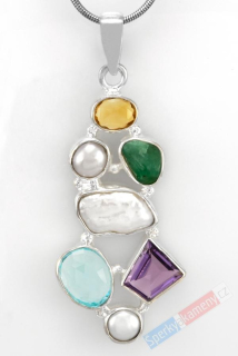 Originální větší stříbrný přívěsek (Ag 925/1000) v boho stylu s citrínem, ametystem, topazem, smaragdem a perlami QA, cca 43 x 22 mm, "šperk mořské princezny z Tasmánského moře" (BH1824P)