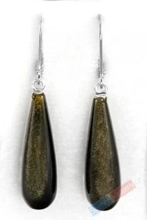 Náušnice ze zlatistvého obsidiánu QA, stříbro Ag 925/1000, oblé kapky cca 26 x 8 mm (OB6051U)