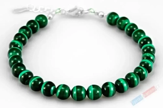 Náramek z pravého malachitu QA, kuličky cca 6 mm, stříbro Ag 925/1000 (MA6130NS)